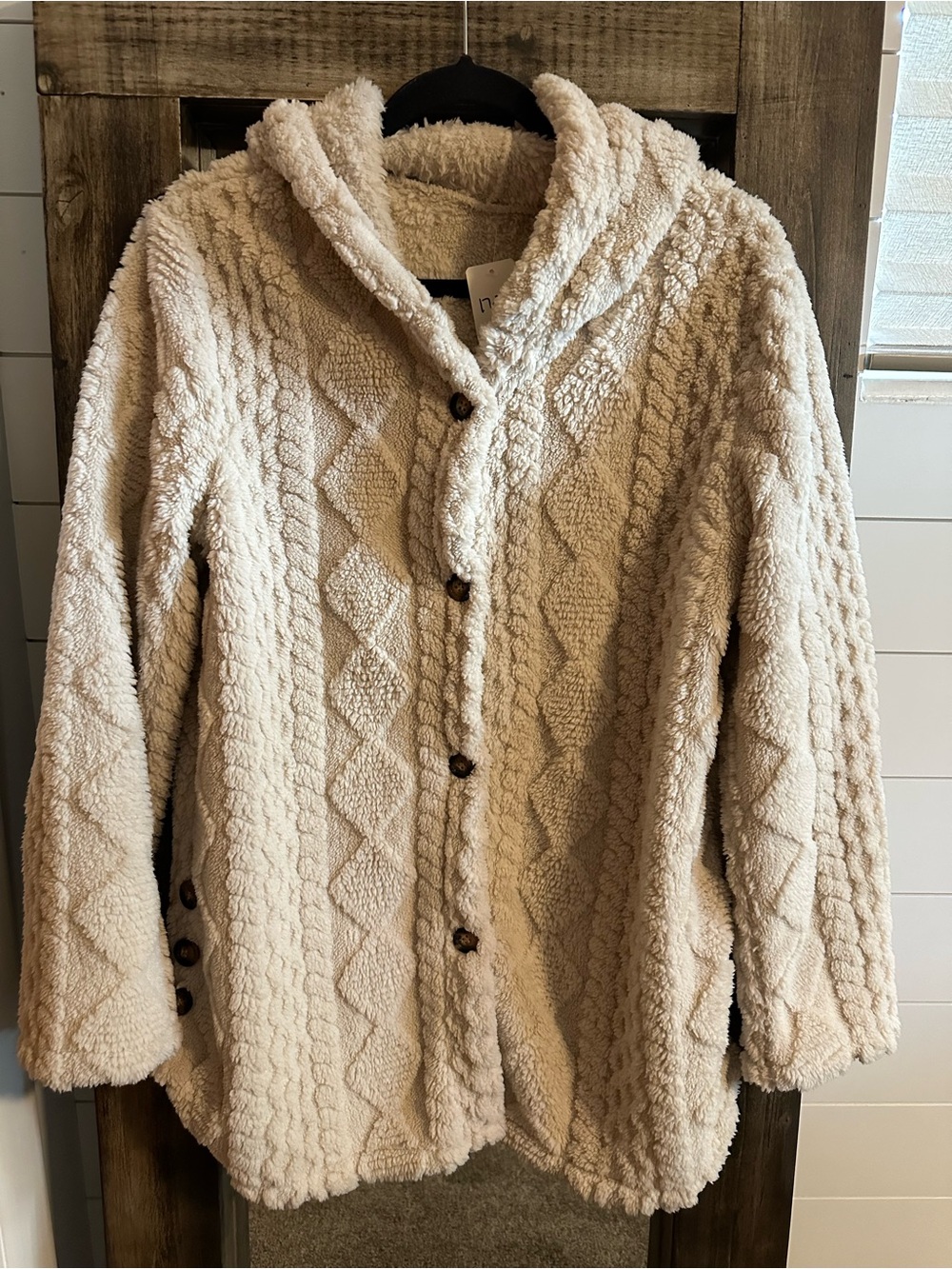 Women’s M Cream Sherpa Fleece Hooded Cardigan Jacket Cable Knit Button Cozy